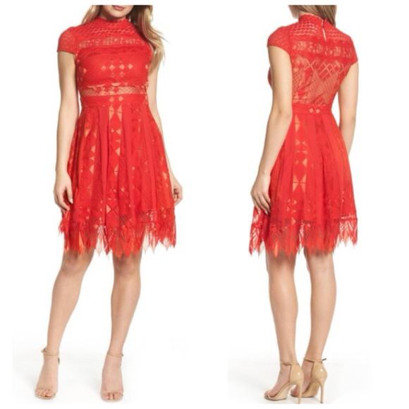 Foxiedox Bravo Zulu Red Lace Fit & Flare Short Sleeve Cocktail Dress Size S - Picture 1 of 12